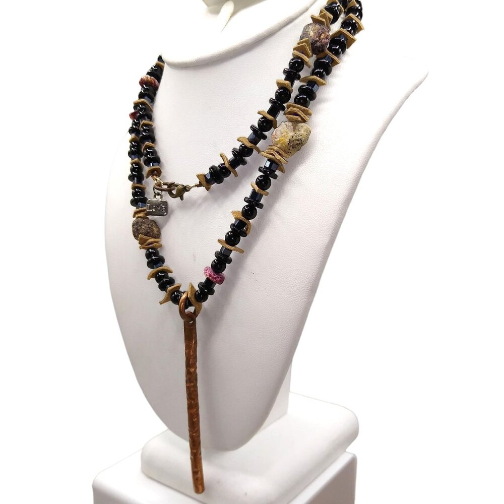 LIVE Necklace with Copper Pendant, Black Onyx Beads, Raw Gemstone and Sliced
